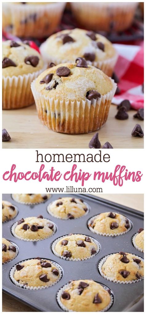 Soft and airy muffins studded with milk chocolate chips make for a great breakfast, treat, or snack. The kids especially love to help make (and eat!) these easy homemade chocolate chip muffins! #chocolatechipmuffins #muffins #chocolatechip #homemadechocolatechipmuffins #homemademuffins Homemade Chocolate Chip Muffins, Nutella Muffin, Muffins Blueberry, Chocolate Chip Muffin Recipe, Homemade Chocolate Chips, Simple Muffin Recipe, Low Carb Muffins, Homemade Muffins, Wontons