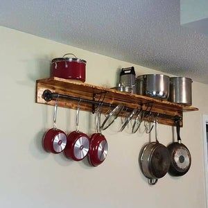 Pots And Pans Hanging Rack, Pot Hanger Kitchen, Hanging Cookware, Painting Cabinets Diy, Hanging Pot Rack, Craft Shelves, Barndominium House, Kitchen Wall Storage, Pot Rack Hanging