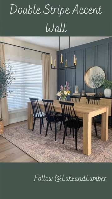 Step by Step DIY | Design | Build | Empower | on Instagram: "The OG. The double stripe accent wall. Took my dining room from “nice” to NIIICE👌🏻 Most asked questions: Color: @hgtvhomebysherwinwilliams Sweeping Rock exclusive to @loweshomeimprovement Spacing: 15” between the wide boards, 2” between each wide and skinny board Materials: 1x2” and 1x4” primed MDF, 18g brad nails, caulk, glue if you want it to be permanent Skill level: beginner! #accentwall #boardandbatten #diningroomgoals #dining Accent Wall Next To Kitchen Cabinets, Double Stripe Accent Wall, Dining Room Paneling, Striped Accent Walls, Striped Accent Wall, Cave Dwelling, Green Accent Walls, Accent Wall Colors, Room Accent Wall