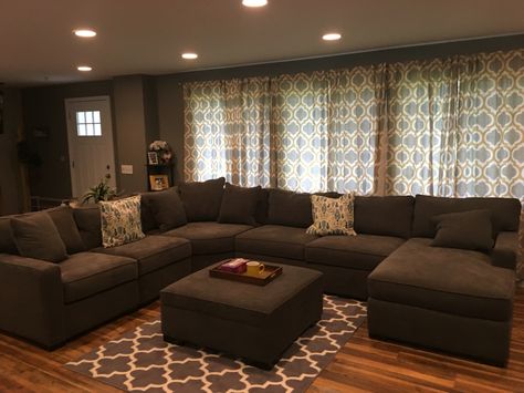 Our comfy living space.  Macy sectional in mocha Chocolate Sectional Living Room Ideas, Big Sectional Couch, Brown Sectional Living Room Decor, Formal Living Room Furniture, Wood Bedroom Sets, Living Room Sofa Design, Brown Living Room, Living Room Decor Cozy, Decor Home Living Room