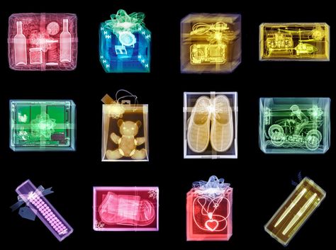 X-Rays of Xmas gifts by Hugh Turvey. X Ray Graphic Design, Memory Suitcase, Xray Art, X Rays, Food Graphic Design, Candy Gifts, X Ray, Children Photography, Xmas Gifts