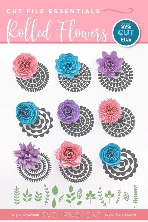 Rolled flower svg - rolled paper flowers svg with 9 different designs for your Cricut or Silhouette machine Flower Fabric Pattern, Rolled Paper Flowers, Paper Flower Template, Flower Svg, Glitter Background, Flower Template, Lace Patterns, Damask Pattern, Felt Fabric