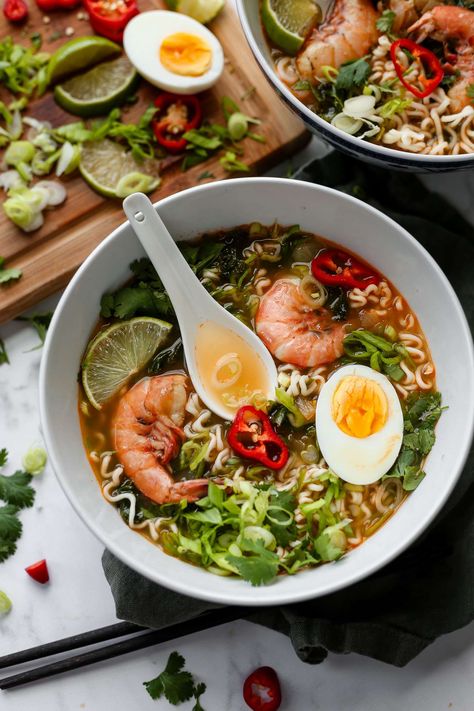 Lime Chili Shrimp Ramen with Nourishing Coconut Broth Slow Cooker Ramen, Ramen Ingredients, Shrimp Ramen, Coconut Broth, Easy Healthy Soup, Easy Soup Recipes Healthy, Ramen Toppings, Chili Shrimp, Shrimp Noodles