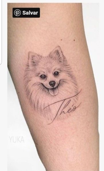 Pomeranian Dog Tattoo, Pomeranian Tattoo, Apollo Tattoo, Pet Portrait Tattoos, Pet Tattoo Ideas, Tatoo Dog, Chihuahua Tattoo, Puppy Tattoo, Small Dog Tattoos