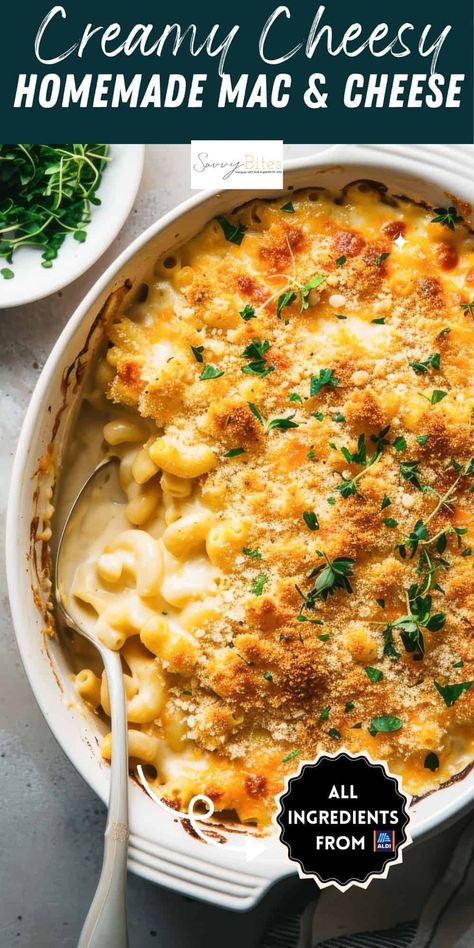 Baked mac and cheese with the best homemade cheesy sauce. A comforting family dinner ready in 30 minutes. Aldi recipe perfect for holidays or any meal. Made on the stove-top, finished in the oven with a crispy breadcrumb topping. Homemade Baked Mac And Cheese, Easy Mac N Cheese Recipe, Homemade Macaroni And Cheese, Breadcrumb Topping, Desserts Thanksgiving, Easy Mac And Cheese, Macaroni Cheese Recipes, Yummy Dishes, Macaroni N Cheese Recipe