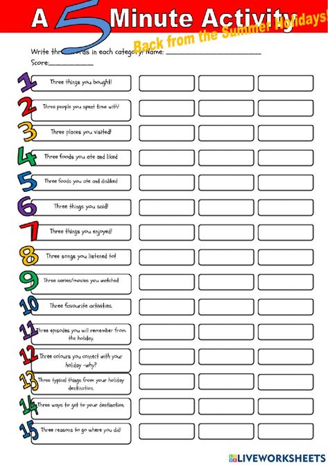 5 Minute Activity Worksheet, 5 Minute Activity, 5th Grade Writing, Esl Teaching Resources, English Teaching Materials, Activity Worksheet, Learning English For Kids, English Grammar Worksheets, English Games