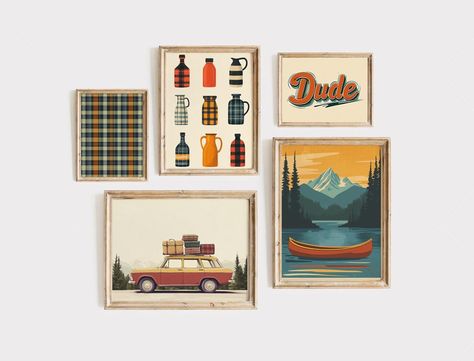 Boys Camping Bedroom, Camping Theme Bedroom, Boy Room Red, Adventure Bedroom, Vintage Car Art, Camping Bedroom, Camping Room, Adventure Wall Art, Adventure Wall