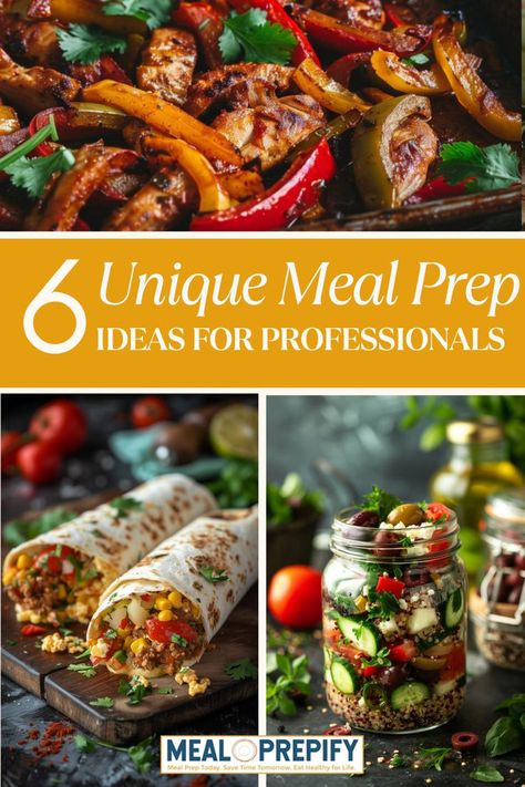 A collage featuring colorful dishes such as burritos, quinoa salad, and fajitas representing meal prep ideas for busy professionals. Overnight Chia Pudding, Mediterranean Quinoa Salad, Pan Chicken Fajitas, Whole Wheat Tortillas, Chickpea Pasta, Meal Prep Ideas, Meal Preparation, Pan Chicken, Make Ahead Meals