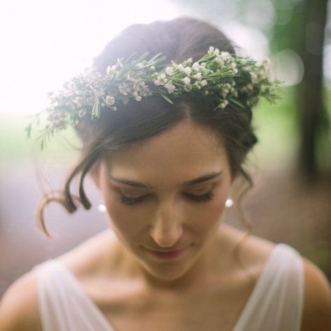 Classic herb and blooms flower crown with wax flower and rosemary. Crown by Gold Dust Floral. Photo by Ben Filio. Pittsburgh weddings. Wax Flower Crown, Mary Flowers, Laurel Flower, Rosemary Flower, Wearable Flowers, Bridal Floral Crown, Floral Crown Wedding, Wedding Renewal, Wax Flower