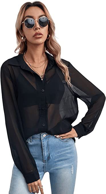 Mesh Button Up, Drop Shoulder Blouse, Sleeve Placket, Without Bra, Backless Crop Top, Black Sheer Top, Mesh Shirt, Sleeve Pattern, Blouse Tops