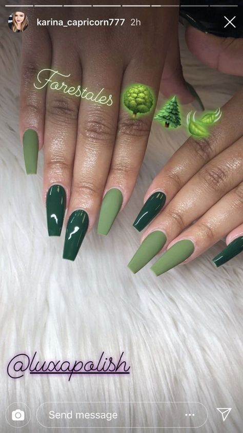 15+ Trendy Green Nail Design Ideas To Try This Year Shades Of Green Nails Acrylic, Different Shades Of Green Nails Acrylic, March Acrylic Nails, Green Coffin Nail Ideas, Green Square Acrylic Nails, Green Coffin Acrylic Nails, Shades Of Green Nails, Green Baddie Nails, Jade Green Nails Acrylic