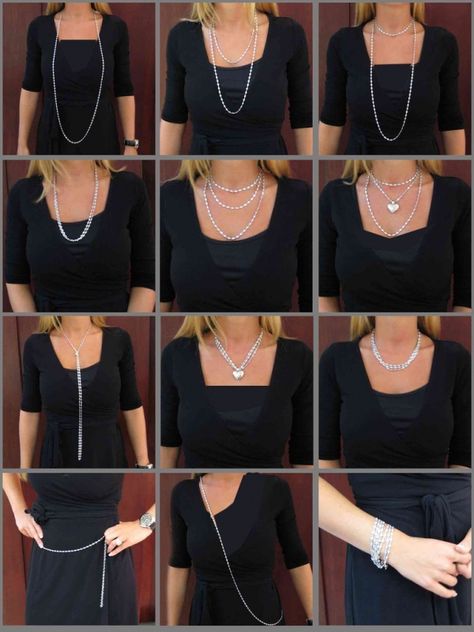 12 ways to wear a necklace How To Wear A Long Necklace With A Collared Shirt, Necklaces To Wear With Tshirts, How To Wear Long Necklaces Outfits, How To Use Accessories, How To Wear Statement Necklace, Jewelry To Wear With Different Necklines, What Jewelry To Wear Neckline, What Necklace To Wear With What Neckline, What Jewelry To Wear With Dress Neckline