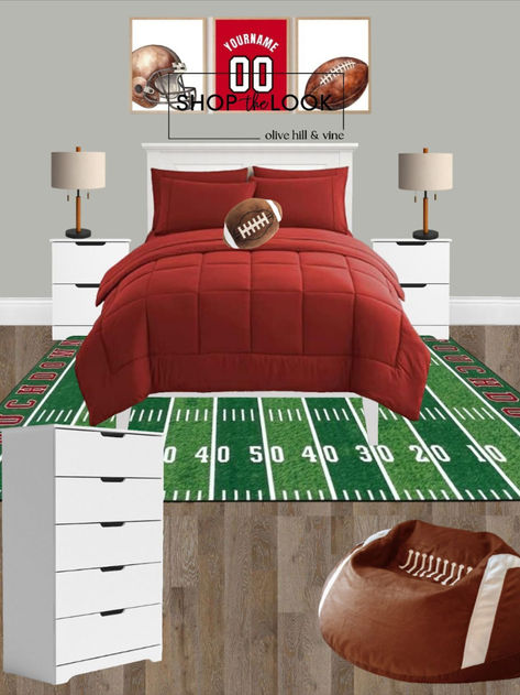 Football-themed boys' bedroom with white wood furniture, football bean bag, football field rug, and personalized wall art with red accents. Football And Baseball Bedroom, Chiefs Bedroom Ideas, Football And Basketball Bedroom, Kids Sports Bedroom Target, Football Kids Room Target, Kids Sports Bedroom Kohl's, Football Pillow, White Wood Furniture, Football Pillows