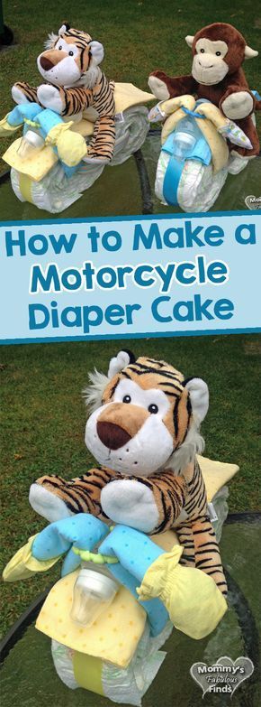 Are you looking for a unique baby shower gift? Check out the Motorcycle Diaper Cake tutorial that includes a unique way to gift newborn essentials including diapers, burp clothes, receiving blankets, and more. #babyshower #diapercake #babyshowergifts Twin Diaper Cake, Motorcycle Diaper Cake, Diaper Motorcycle Cake, Diaper Cakes Tutorial, Diy Diaper Cake, Burp Clothes, Diaper Gifts, Diaper Cake Boy, Room Unique