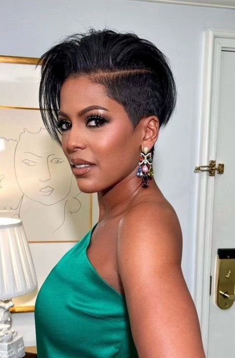 Shaved Sides Bob Hairstyles, Tamara Hall Hair Short Hairstyles, Tamron Hall Haircut 2023, Tamron Hall Haircut, Megan Good Short Hair, Side Shaved Hairstyles Short, Long Pixie Haircut For Black Women, Fantasia Hairstyles, Rihanna Short Haircut