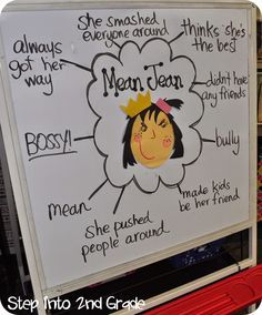 Describing Mean Jean from The Recess Queen                                                                                                                                                      More Recess Queen Anchor Chart, Recess Queen, Mean Jean, Bubble Map, Amy Lemons, It's Wednesday, Counseling Lessons, Guidance Lessons, Elementary Counseling