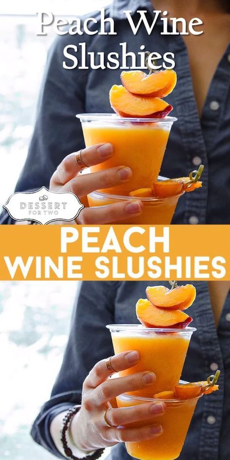 Peach wine slushies, made with just two ingredients in the blender. So easy, and perfect for your 4th of July cocktail or 4th of July dessert! Wine Slushie Recipe, Wine Slushies, 4th Of July Dessert, Yummy Summer Drinks, Peach Wine, Frozen Peaches, Wine Slushie, Slushie Recipe, Summertime Drinks