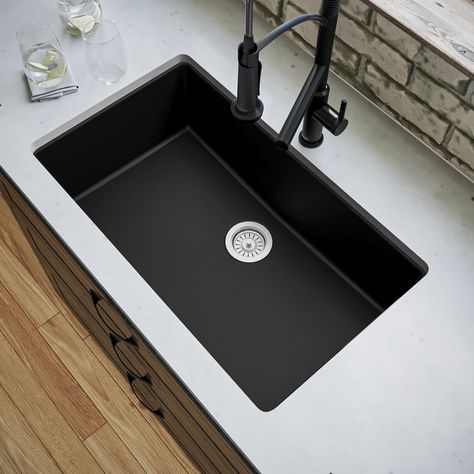 With its enormous extra-large bowl, this design is both practical and elegant. Its quartz composite material gives it outstanding durability and will provide years of trouble-free use. This undermount design is available in a selection of 6 rich color choices to compliment any décor. Karran Undermount 32.25-in x 19.25-in Black Quartz Single Bowl Kitchen Sink | QU-812-BL Big Sink Kitchen, Deep Kitchen Sink, Black Undermount Kitchen Sink, Deep Sink Kitchen, Large Kitchen Sinks, Quartz Sink, Composite Kitchen Sinks, Black Kitchen Sink, Solid Surface Countertops