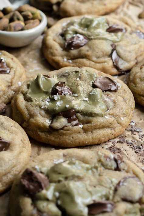 Pistachio Cream Chocolate Chip Cookies - Fresh Bean Bakery Matcha Pistachio Cookies, Pistachio Cream Uses, Pistachio Baking Recipes, Pistachio Paste Cookies, Desserts With Pistachio Cream, Brown Butter Pistachio Cookies, Pistachio Chocolate Cookies, Pistachio Cream Bars, Desserts With Pistachios