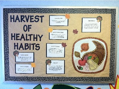 Harvest of Healthy Habits Image Cafeteria Bulletin Boards, Nutrition Bulletin Boards, Pe Bulletin Boards, Resident Assistant Bulletin Boards, Nurse Bulletin Board, Health Bulletin Boards, October Bulletin Boards, November Bulletin Boards, Elementary Bulletin Boards