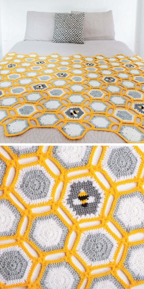 Hexagon Blankets Free Crochet Patterns. What’s up, honey bees? Are you also amazed at how impossibly cute this blanket is? It looks like a giant honeycomb and it has the most amazing colors. The combination of dark yellow and grey is to die for!   #freecrochetpattern #blanket Crochet Bee Blanket Pattern Free, Honey Bee Crochet Patterns, Crochet Bee Square, Crochet Bee Blanket, Honeycomb Crochet Blanket, Bee Blanket Crochet, Dark Crochet Blanket, Bee Crochet Blanket, Crochet Bee Pattern Free