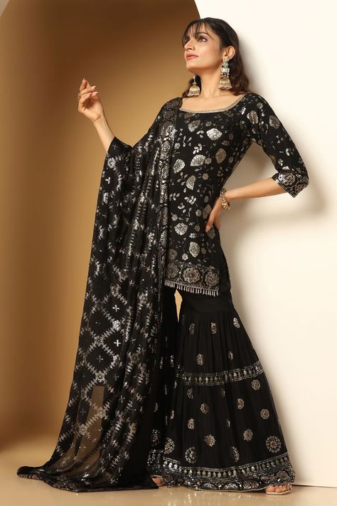 Shop for these amazing collections of Black Chinon Chiffon Embroidery Sequin Musk Bloom Kurta Sharara Set For Women by MeenaGurnam online at Aza Fashions. Sharara Black, Black Gharara, Black Sharara, Flared Sharara, Chiffon Embroidery, Kurta Sharara Set, Kurta Sharara, Short Kurta, Desi Clothes