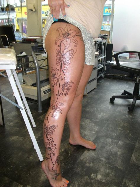 girly tattoos | sinkingin tattoos | Sinkingin Tattoos official Blog Leg Tattoos Design, Butterfly Leg Tattoos, Tattoo Calf, Flower Leg Tattoos, Butterfly Legs, Full Leg Tattoos, 4 Tattoo, Flower Tattoo Sleeve, Leg Tattoos Women