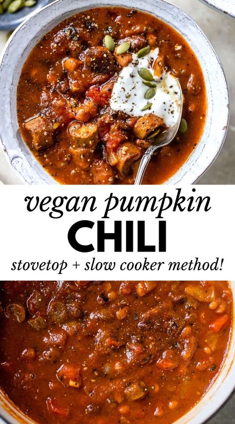 Vegetarian Chili Recipe Crockpot, Vegan Pumpkin Chili, Sausage And Beans, Slow Cooker Vegan Chili, Quick Chili Recipe, Pumpkin Sausage, Pumpkin Chili Recipe, Healthy Vegan Dinner Recipes, Vegetarian Chili Recipe