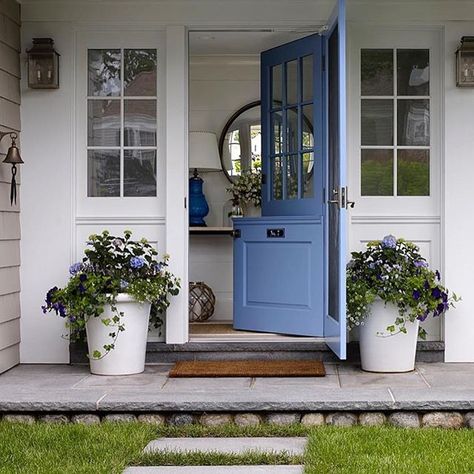 Front Door Ideas from Instagram Periwinkle Door, Dutch Door Interior, Front Door Transformation, Replace Exterior Door, Exterior Door Trim, Dutch Doors Exterior, Garage Door Types, Blue Front Door, Beautiful Front Doors