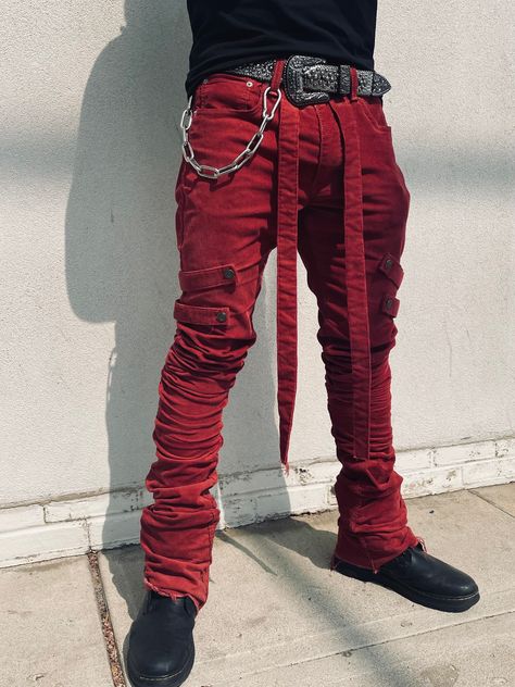 Custom 1 of 1 Mens Stacked jeans Made from Levis 512 Red Corduroy Mens Black And Red Outfit, Red Clothing Men, Mens Gothic Clothing, Custom Stacked Jeans, Black And Red Clothes, Rockstar Style Men, Mens Corset, Modern Punk Fashion, Goth Mens Fashion