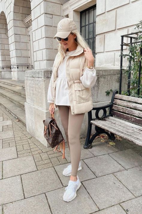 Taupe Leggings Outfit, Beige Leggings Outfit Winter, Stylish Leggings Outfit, Taupe Leggings, Yellow Puffer Jacket, Nude Leggings, Leggings Outfit Ideas, Cream Leggings, Leggings Outfit Winter