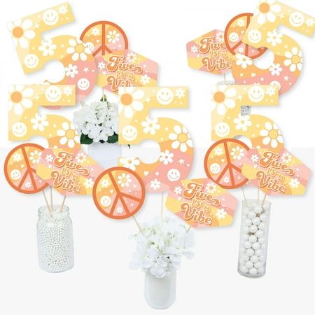 Bring your party theme to all areas of the celebration with Big Dot of Happiness Five is a Vibe Table Toppers. Each heavy-duty cardstock paper cutout quickly attaches to the included table topper sticks to create centerpiece sticks that can be used in vases or floral arrangements at all your party tables. You can even add them to candy jars at your goodies table! Five is a Vibe centerpiece sticks may also be used as photo booth props. You will love how versatile this fun party supply is while yo Five Is A Vibe, Young Wild And Three, Hippie Birthday, Hippie Party, Third Birthday Party, Party Tables, Birthday Party Centerpieces, Party Centerpiece, Centerpiece Table