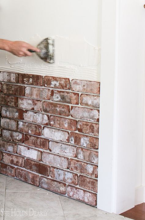 How to Install a Rustic Brick Accent Wall - She Holds Dearly Brick Accent Wall Bedroom, Brick Tile Wall, Fake Brick Wall, Diy Brick Wall, She Holds Dearly, Modern Shower Design, Fake Brick, Brick Backsplash Kitchen, Accent Wall Design