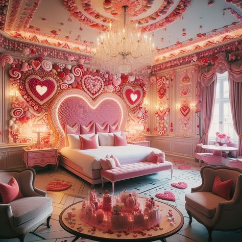 Cute heart interior by Generation AI Heart Bedroom Aesthetic, Heart Headboard, Heart Bed, Princess Bedrooms, Magic Mountain, Honeymoon Suite, Beauty Room Design, House Aesthetic, Pink Home Decor