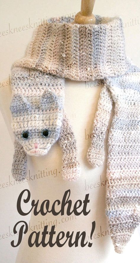 Animal Scarves, Cat Scarf Pattern, Kat Haken, Chat Crochet, Crochet Mignon, Neck Warmers, Confection Au Crochet, Cat Scarf, Diy Scarf