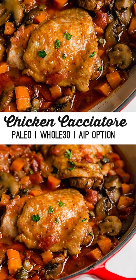 This one-pan chicken cacciatore is classic Italian comfort food! This version is gluten-free, paleo, and can be made both whole30 and AIP. Cacciatore Chicken, Italian Chicken Dishes, Unbound Wellness, Paleo Chicken Recipes, Italian Comfort Food, One Pan Chicken, Chicken Cacciatore, Aip Recipes, Pan Chicken