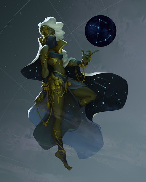 Celestial Seer, Hing Chui on ArtStation at https://www.artstation.com/artwork/XXl1y Pocket Dimension Concept Art, Seer Character Design, Seer Art, Star Character Design, Celestial Character Design, Stars Druid, Celestial Outfit, Star Outfit, Celestial Magic