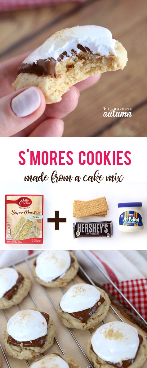 These s'mores cookies are amazing! And they're super fast to make because they start with a cake mix. #smores #smorescookies S’mores Cake Mix Cookies, Recipes With Vanilla Cake Mix Boxes, Fall Cake Mix Cookies, Things To Make With Cake Mix Boxes, Cookies Using Cake Mix Boxes, Smores Recipes, Cookies Easy Recipe, Apartment Recipes, Nutella Bread