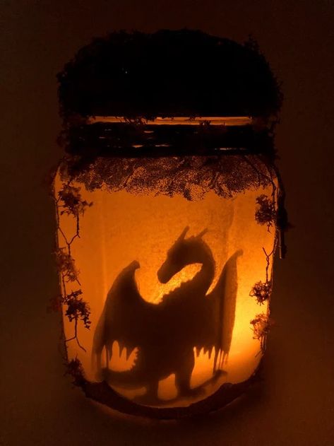 Fairy Light Jars, Dragon Standing, Mystical Dragon, Fairy Lights In A Jar, Dragon Light, Halloween Potion Bottles, Dragon Glass, Dragon Crafts, Fairy Jars