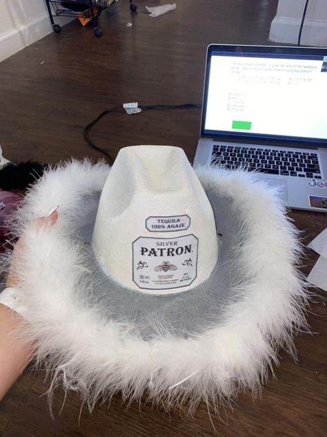 Alcohol Hats, Diy Cowboy Hats, Alcohol Halloween Costumes, Halloween Work Party, Bday Hat, Cowgirl Bachelorette Party Outfits, Halloween Alcohol, Cow Hat, Custom Cowboy Hats