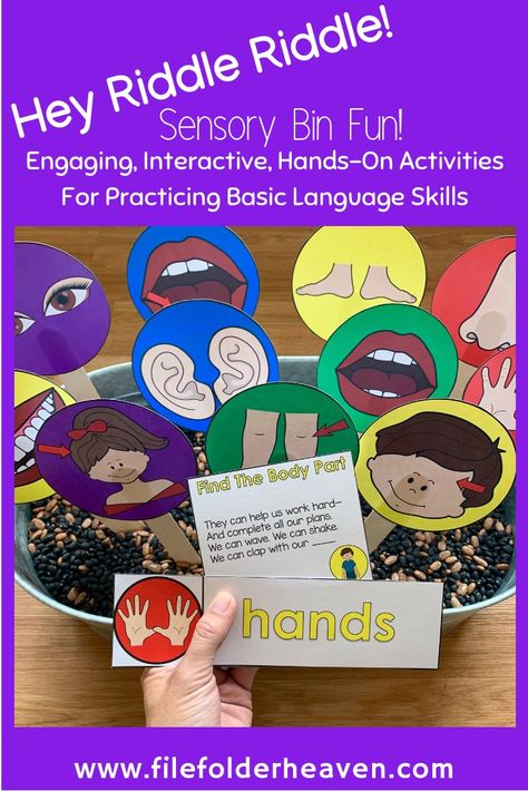 These Body Parts Activities, "Hey Riddle Riddle" Sensory Bin Riddles are going to be so much fun during "All About Me" or "Body Parts" units. This set focuses on language skills, making inferences, identifying body parts vocabulary and matching a word to a picture. Body Parts Preschool Activities, Kindergarten Anchor Charts, Body Parts Preschool, Phonics Posters, Making Inferences, Early Learning Activities, Emotional Child, Authors Purpose, File Folder Games