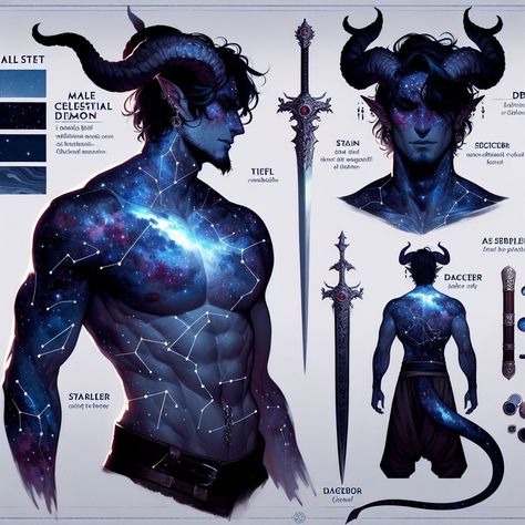 Galaxy demon character sheet made by taloknight/ silverbloom Alien Men Art, Diety Character Art, Astrology Character Design, Dnd Space Character, Space Tiefling, Celestial Tiefling, Astronomer Character Design, Male Reference Sheet, Space Sorcerer