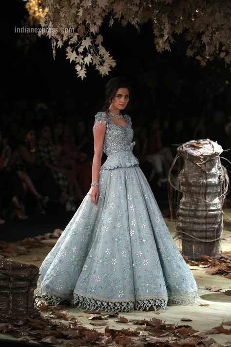 Indian Couture Week - Tarun Tahiliani 2017 - Powder blue gown Powder Blue Lehenga Bridal, Blue Indian Dress, Powder Blue Lehenga, Powder Blue Gown, Lehenga Designs Latest, Purple Lehenga, Cocktail Party Outfit, Gown Party Wear, Ballroom Costumes