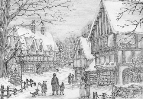 Drawings Of Christmas, Christmas Scene Drawing, Seasonal Backgrounds, Christmas Sketches, Victorian Winter, Village Drawing, Christmas Sketch, Winter Drawings, Landscape Pencil Drawings