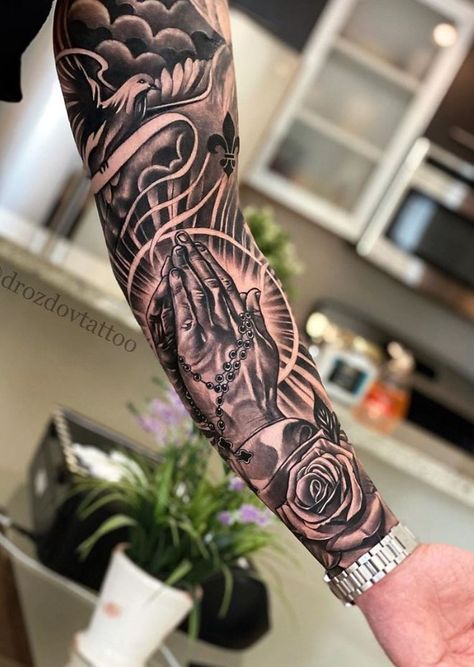 Tattoo Ideas To Fill In Sleeve, Front Shin Tattoo Men, In Memory Tattoos For Men, Men Sleeve Tattoo Ideas Unique, Religious Tattoo Sleeves, Tato Mata, Voll Arm-tattoos, Tato Lengan Bawah, Tattoo Bras Homme