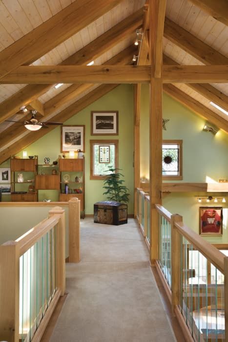 Wauseon Barn Home Loft Rustic Timber Frame Homes, Timberframe Interiors, Timber Frame Home Interiors, Timber Frame Home, Timber Frame House, Timber Beams, Cabin Living, Timber Frame Homes, The Melody