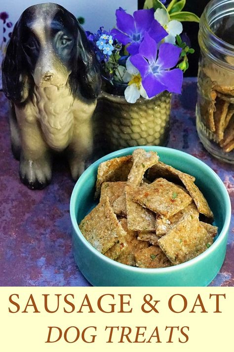 A turquoise bowl of dog treats is in the foreground. Behind is a cute flower pot in the shape of a cocker spaniel. An open jar of treats can just be seen next to it. Tuna Dog Treats, Oat Dog Treats, Dog Biscuit Recipe, Tuna Dog, Baby Treats, Healthy Oats, Tuna And Egg, Dog Biscuits Homemade, Dog Biscuit Recipes