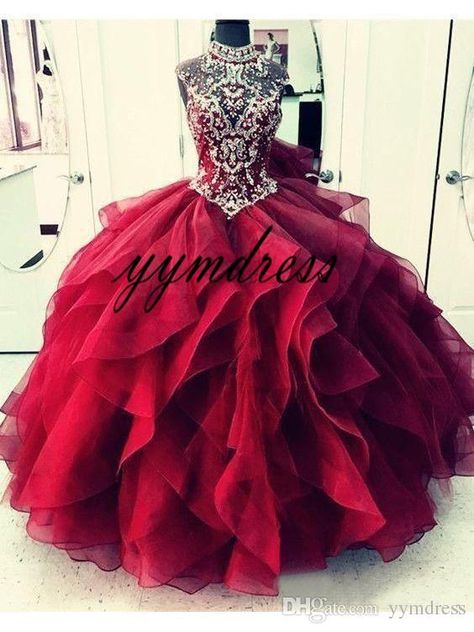 Burgundy Prom Dresses, Ball Gown Prom Dress, Dresses Burgundy, High Neck Prom Dress, Burgundy Prom, Quinceñera Dresses, Blue Organza, Formal Dresses For Teens, Floor Length Prom Dresses