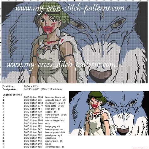 Princess Mononoke cross stitch pattern Geeky Cross Stitch Patterns, Geeky Cross Stitch, Picture Blanket, Pixel Art Templates, Stitch Cartoon, Princess Mononoke, Beaded Cross Stitch, Pixel Pattern, Cross Stitch Patterns Free