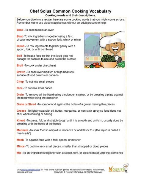 Our vocabulary page includes cooking terms and definitions.  Associated matching worksheet can be found in section Nutrition-Exercise Worksheets. Cooking Vocabulary, Cooking Terms, Culinary Lessons, Culinary Classes, Kids Cooking Recipes, Culinary Techniques, Family And Consumer Science, Food Tech, Cooking Classes For Kids